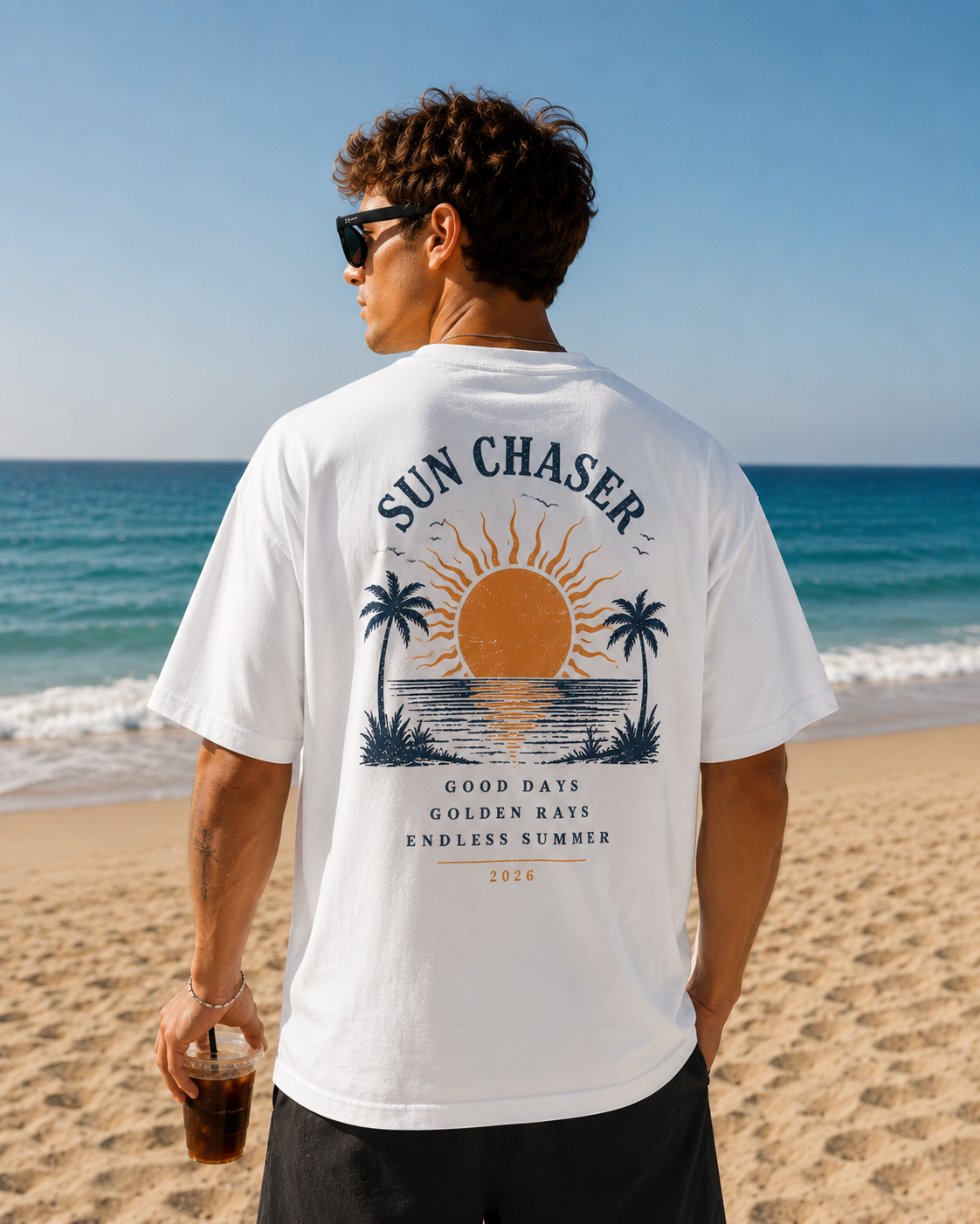 SUN CHASER BASKILI BEYAZ OVERSİZE TİŞÖRT