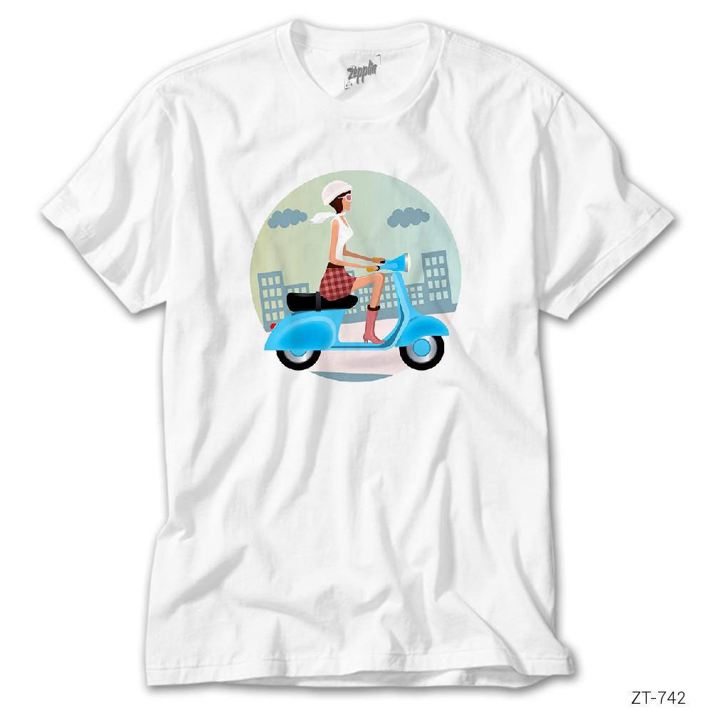 CrowsGate Scooter Girl Vespa Beyaz Tişört