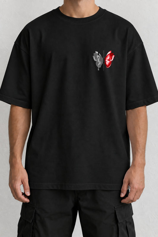 CrowsGate Butterfly Effect Kelebek Minimal Ön Baskılı Tişört Siyah Oversize — ürün görseli 1