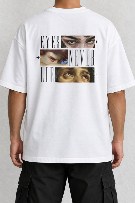 CrowsGate Eyes Never Lie Sırt Baskılı Oversize Beyaz Tişört — ürün görseli 1