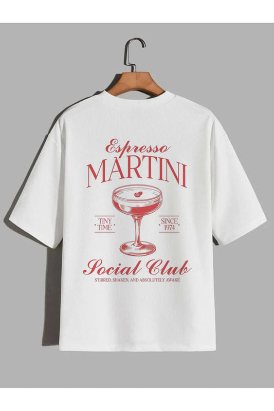 CrowsGate Espresso Martini Social Club Kırmızı Baskılı Beyaz Oversize Tişört — ürün görseli 1