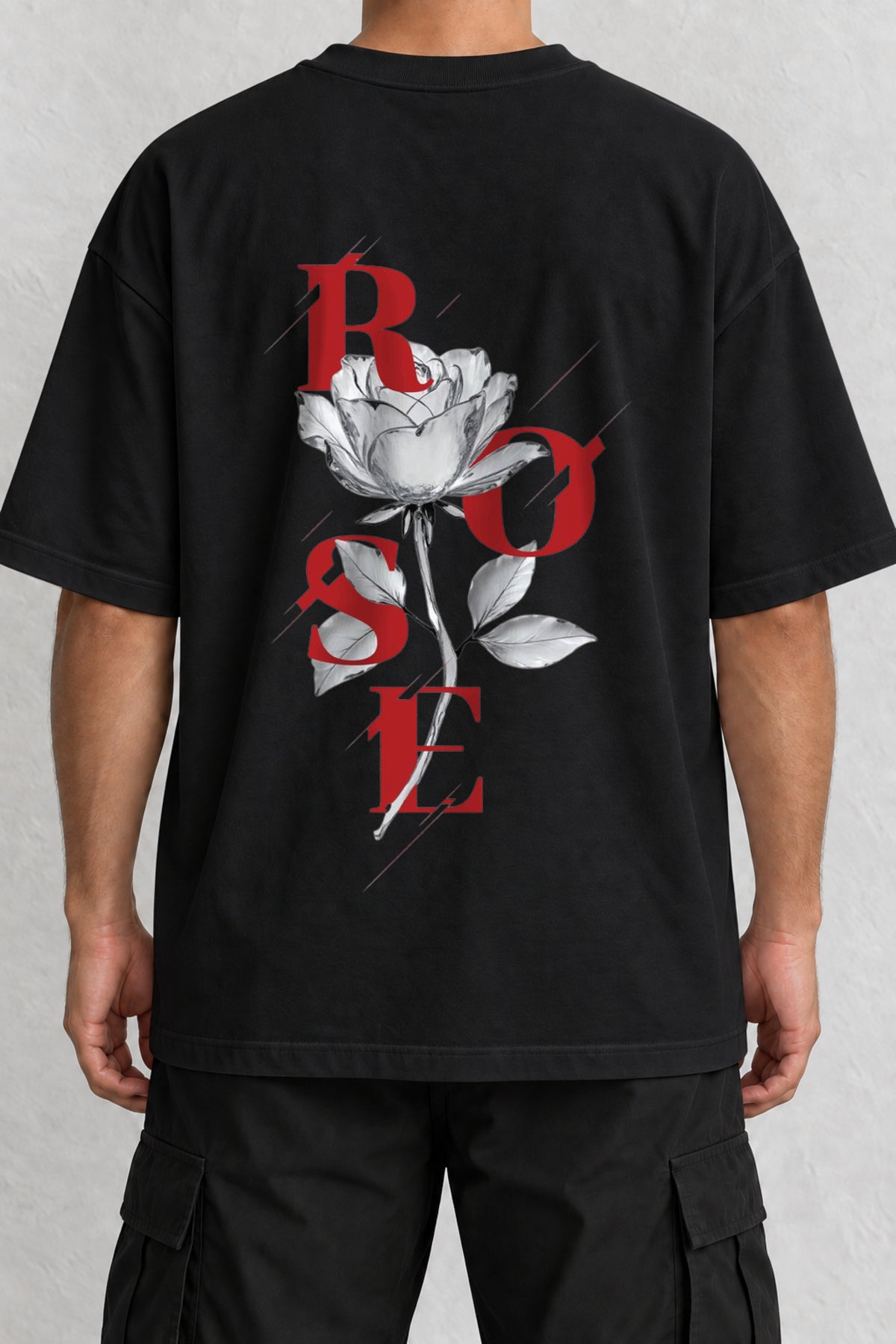 CrowsGate Crystal Rose Gül Sırt Baskılı Oversize Siyah Tişört — ürün görseli 1