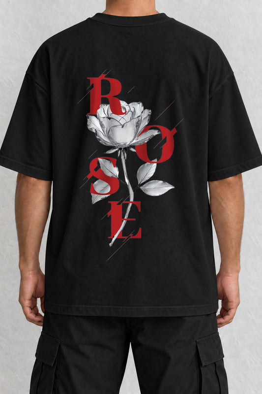 CrowsGate Crystal Rose Gül Sırt Baskılı Oversize Siyah Tişört — ürün görseli 1