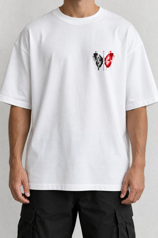 CrowsGate Butterfly Effect Kelebek Minimal Ön Baskılı Tişört Beyaz Oversize — ürün görseli 1