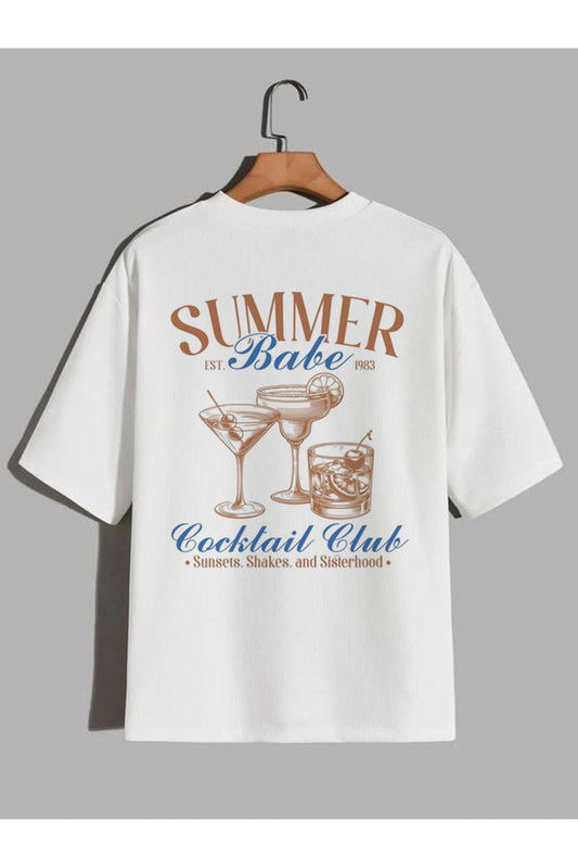 CrowsGate Summer Babe Cocktail Club Baskılı Beyaz Oversize Tişört — ürün görseli 1
