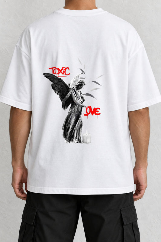 CrowsGate Toxic Love Melek Sırt Baskılı Oversize Beyaz Tişört — ürün görseli 1