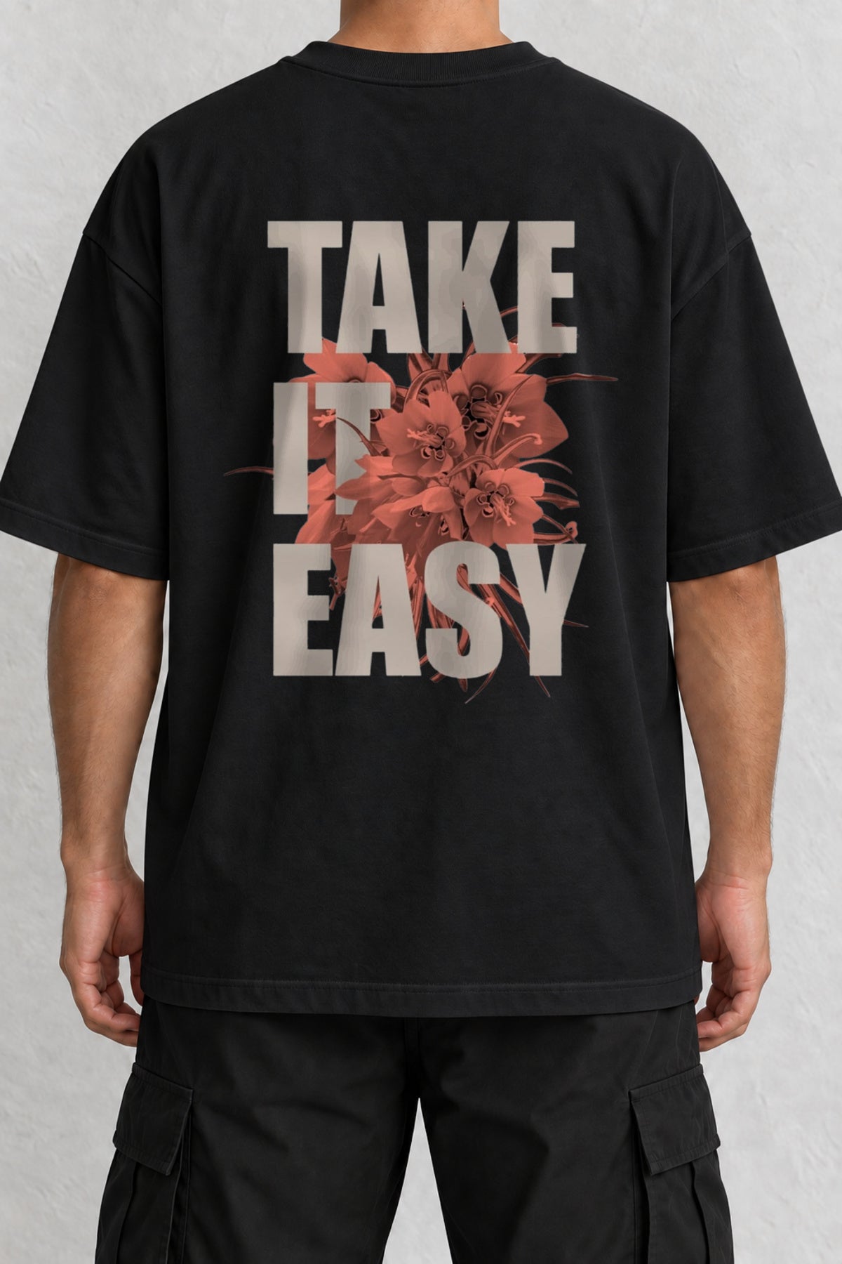 CrowsGate Take It Easy Çiçek Sırt Baskılı Oversize Siyah Tişört — ürün görseli 1