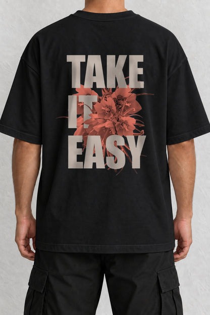 CrowsGate Take It Easy Çiçek Sırt Baskılı Oversize Siyah Tişört — ürün görseli 1