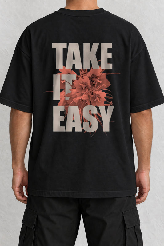 CrowsGate Take It Easy Çiçek Sırt Baskılı Oversize Siyah Tişört — ürün görseli 1