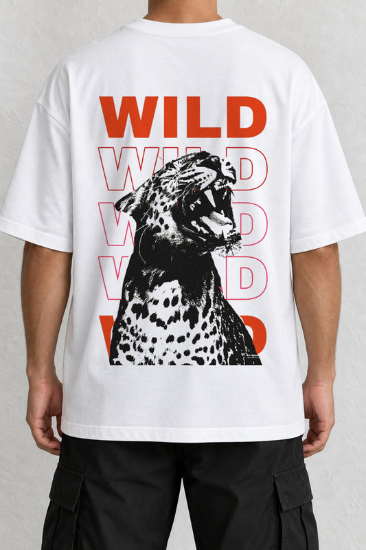CrowsGate Wild Leopar Sırt Baskılı Oversize Beyaz Tişört — ürün görseli 1