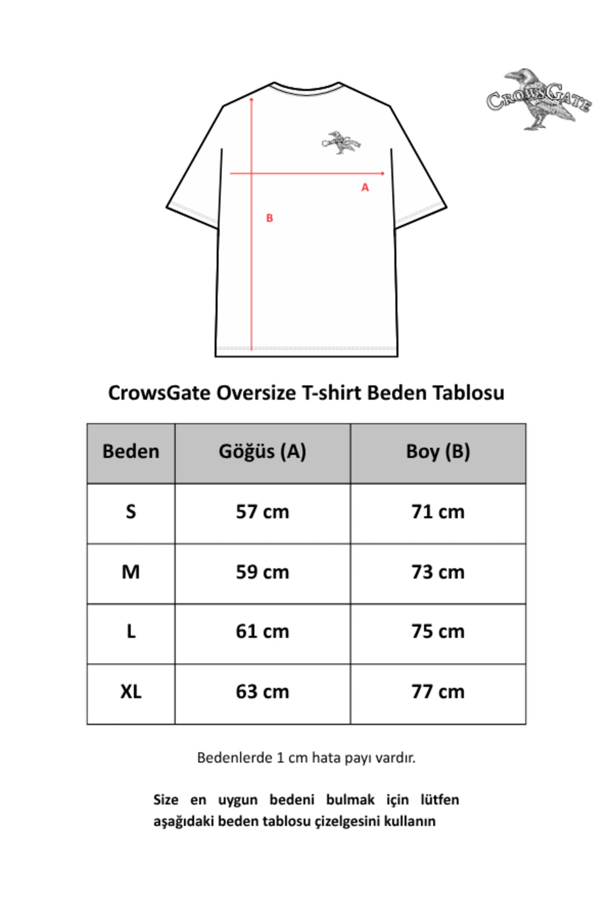 CrowsGate oversize tişört S M L XL beden ve ölçü tablosu