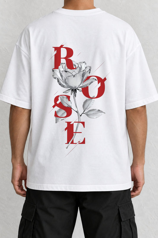 CrowsGate Crystal Rose Gül Sırt Baskılı Oversize Beyaz Tişört — ürün görseli 1