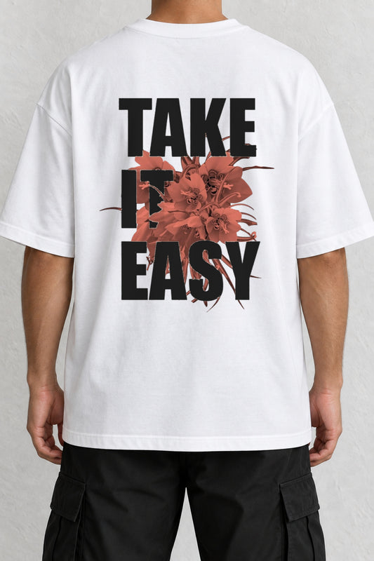 CrowsGate Take It Easy Çiçek Sırt Baskılı Oversize Beyaz Tişört — ürün görseli 1
