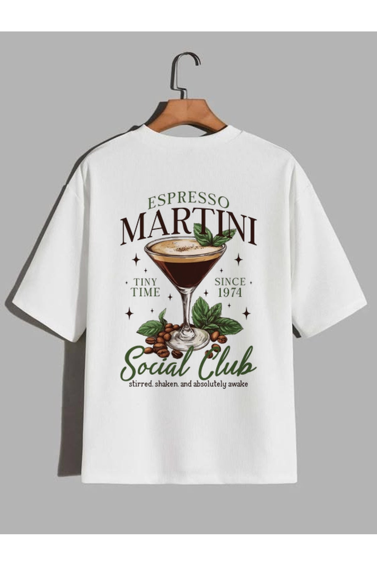 CrowsGate Espresso Martini Social Club Kahve Baskılı Beyaz Oversize Tişört — ürün görseli 1
