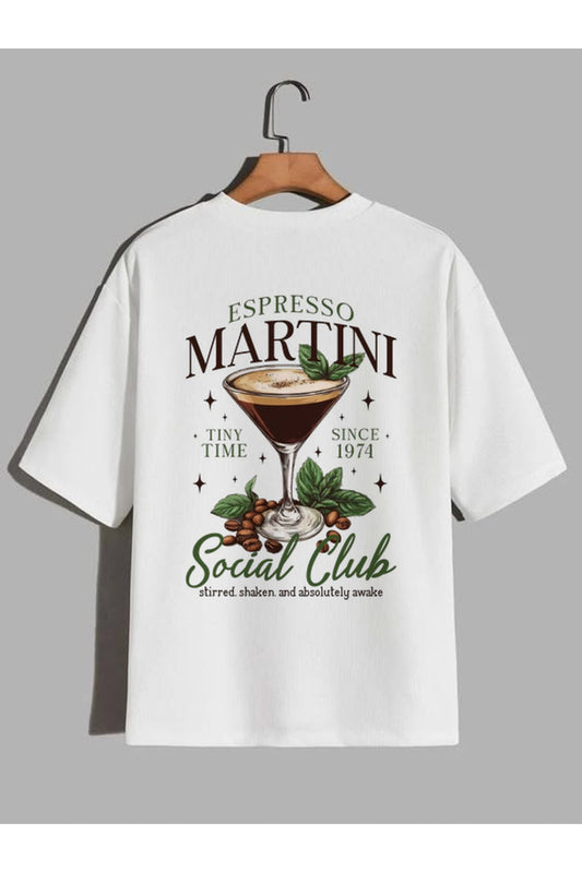 CrowsGate Espresso Martini Social Club Kahve Baskılı Beyaz Oversize Tişört — ürün görseli 1