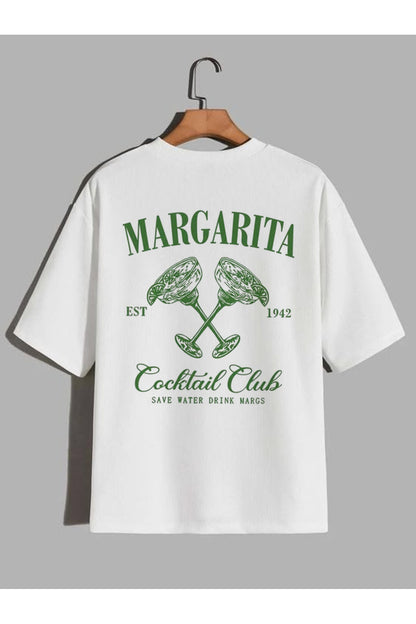 CrowsGate Margarita Cocktail Club Baskılı Beyaz Oversize Tişört — ürün görseli 1
