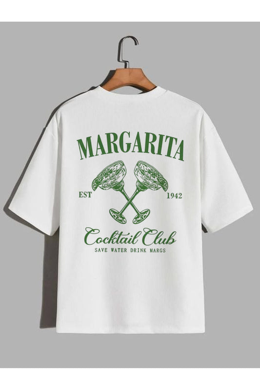 CrowsGate Margarita Cocktail Club Baskılı Beyaz Oversize Tişört — ürün görseli 1
