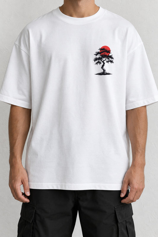 CrowsGate Kırmızı Güneş Bonsai Minimal Ön Baskılı Tişört Beyaz Oversize — ürün görseli 1