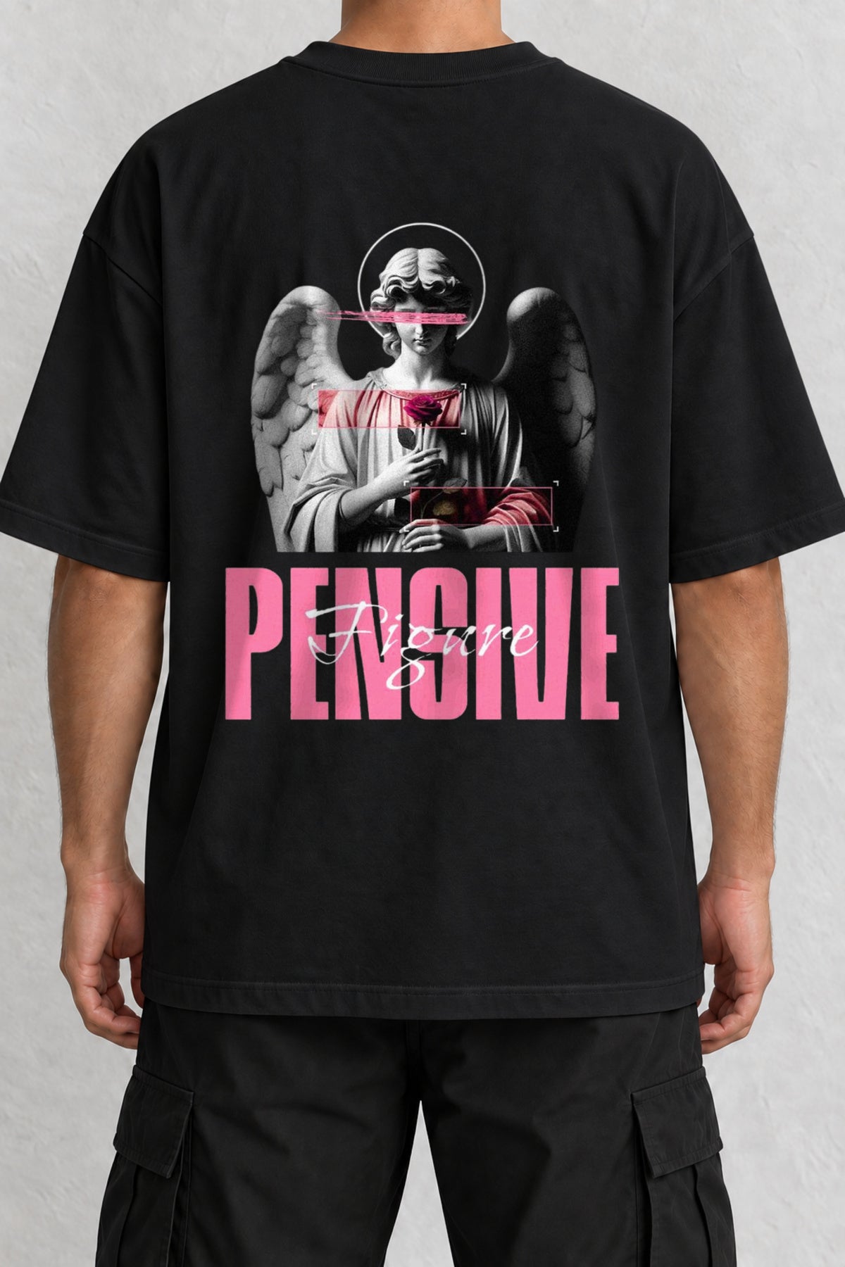 CrowsGate Pembe Melek Sırt Baskılı Oversize Siyah Tişört — ürün görseli 1