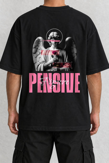 CrowsGate Pembe Melek Sırt Baskılı Oversize Siyah Tişört — ürün görseli 1