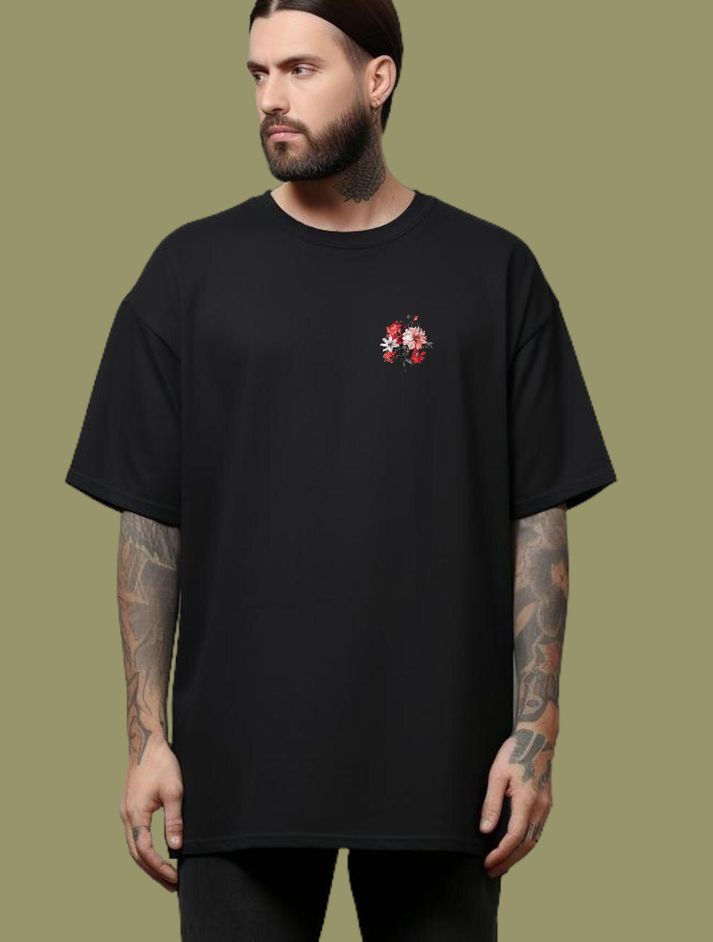 Çiçek Baskılı Oversize Tişört