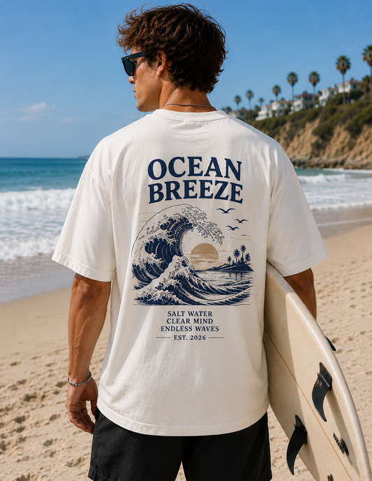 OCEAN BREEZE BASKILI BEYAZ OVERSIZE TİŞÖRT