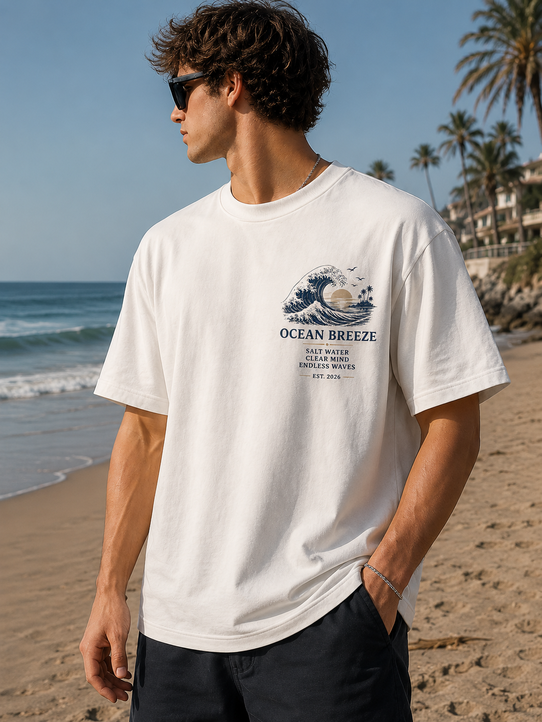 OCEAN BREEZE BASKILI BEYAZ OVERSIZE TİŞÖRT