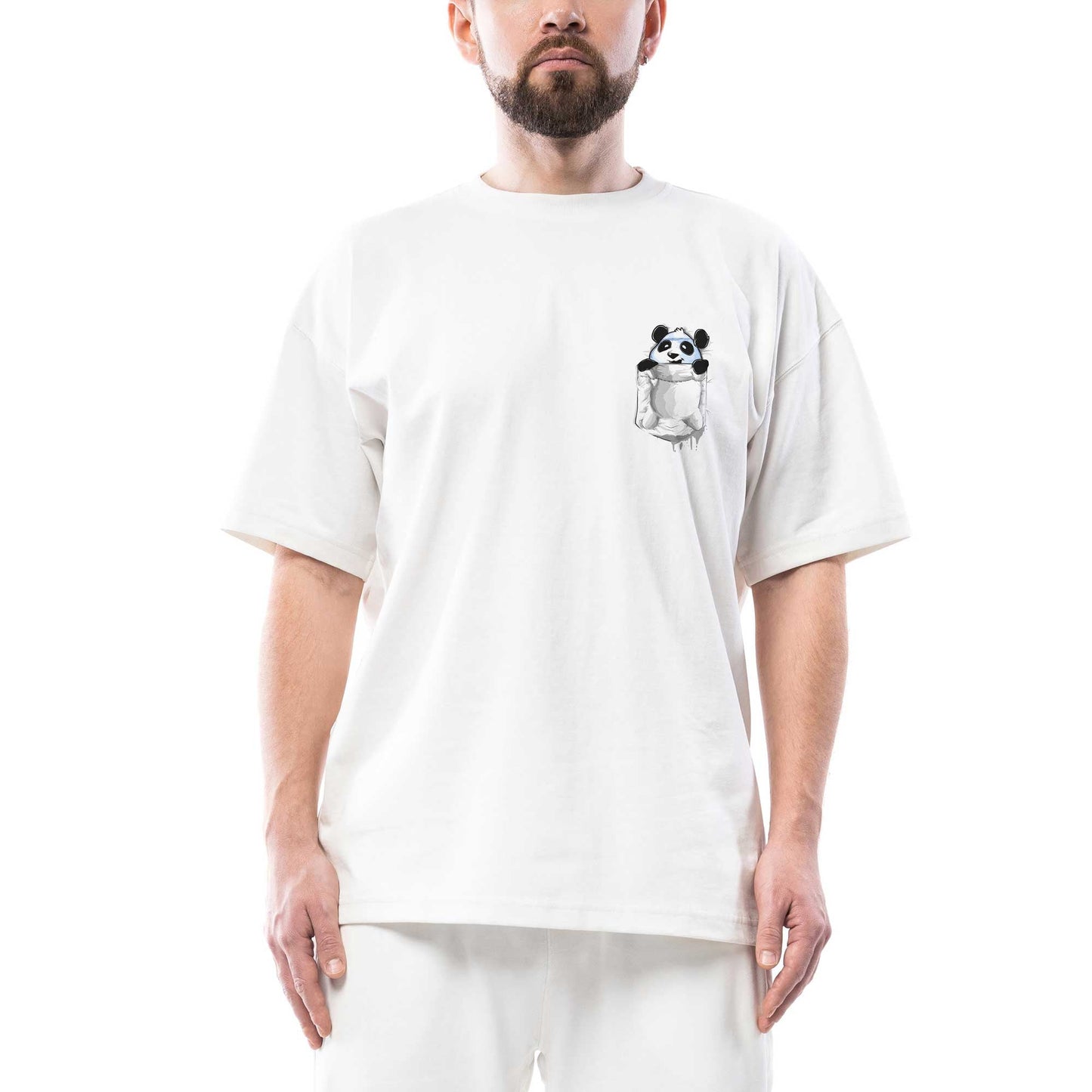 Panda Cep Oversize Beyaz Tişört