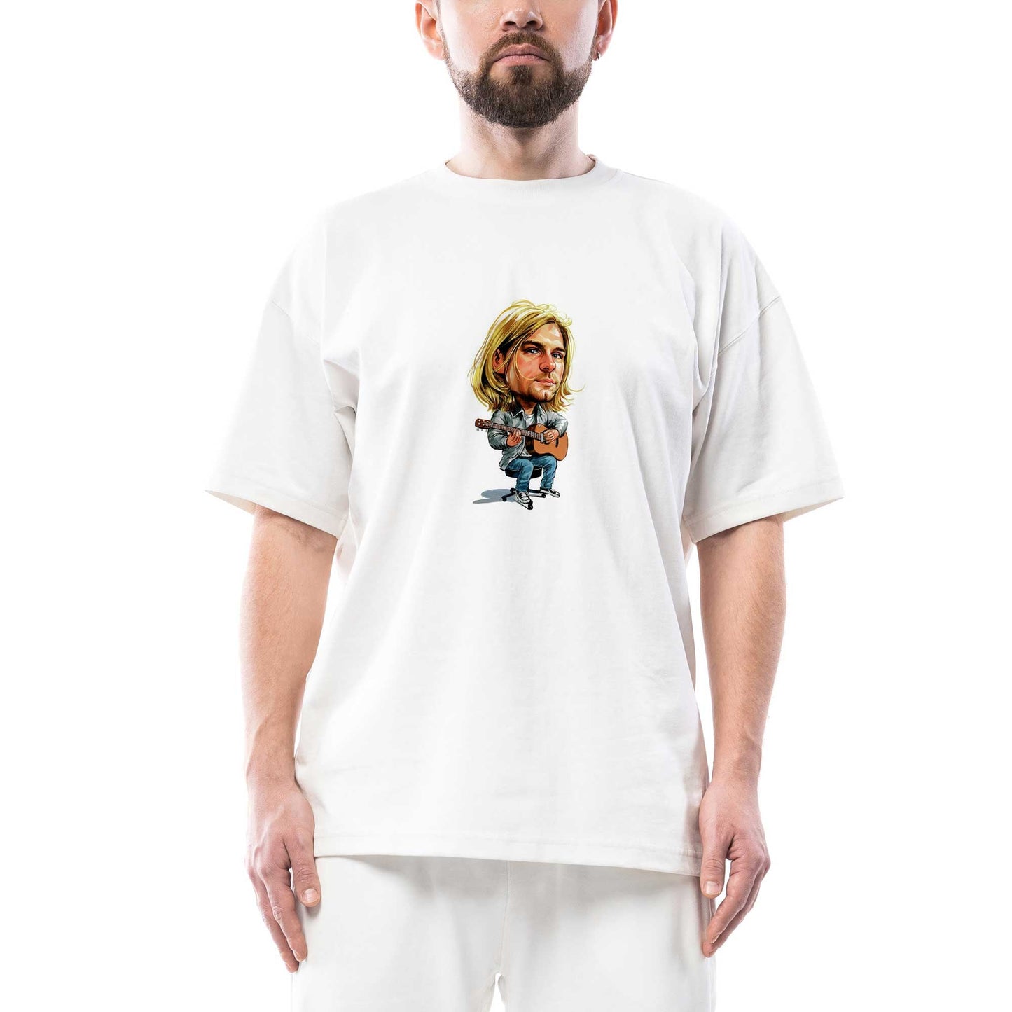Kurt Cobain Cartoon Oversize Beyaz Tişört