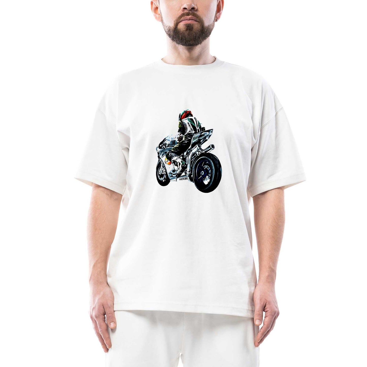 Motorcycle Drawing Oversize Beyaz Tişört