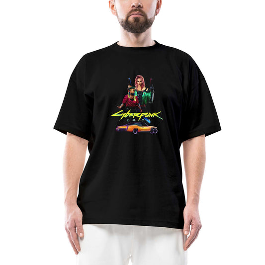 Cyberpunk Get Rich or Die Oversize Siyah Tişört