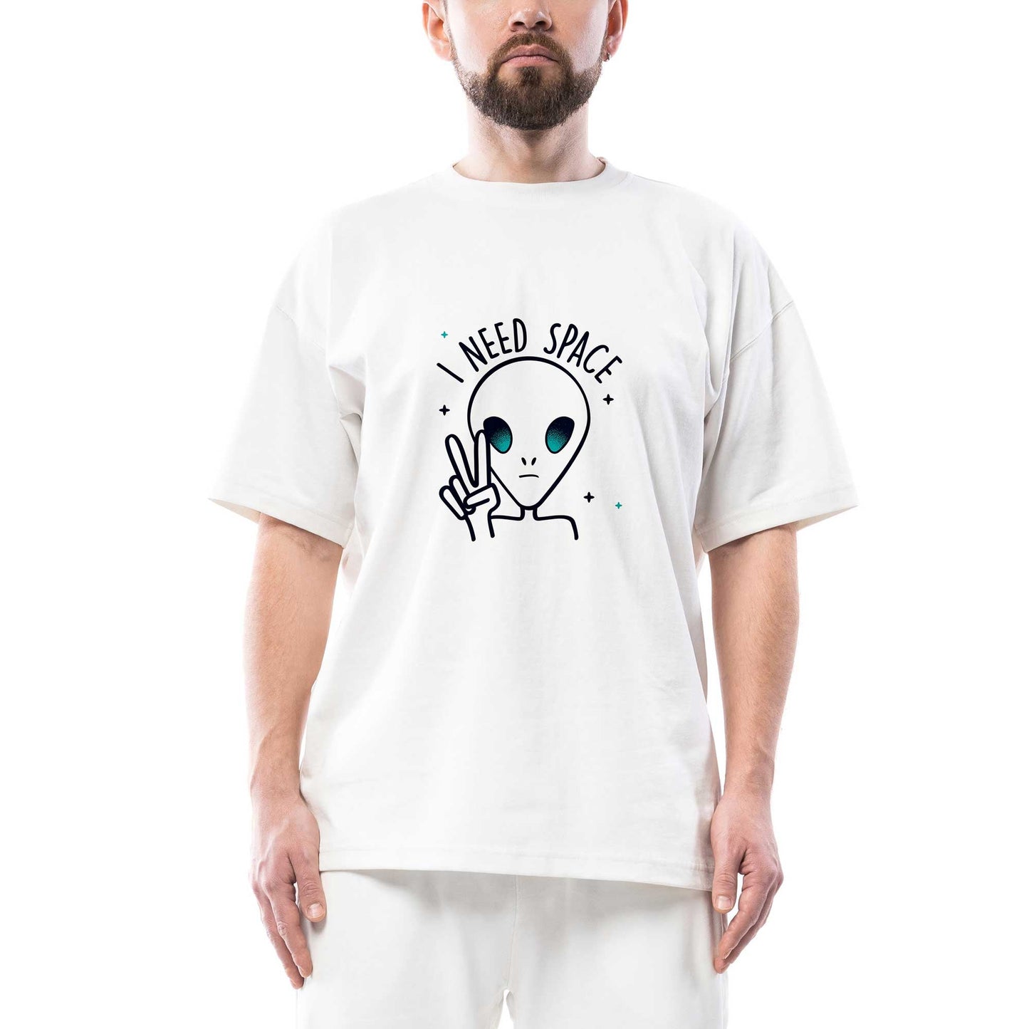 Alien I Need Space Oversize Beyaz Tişört