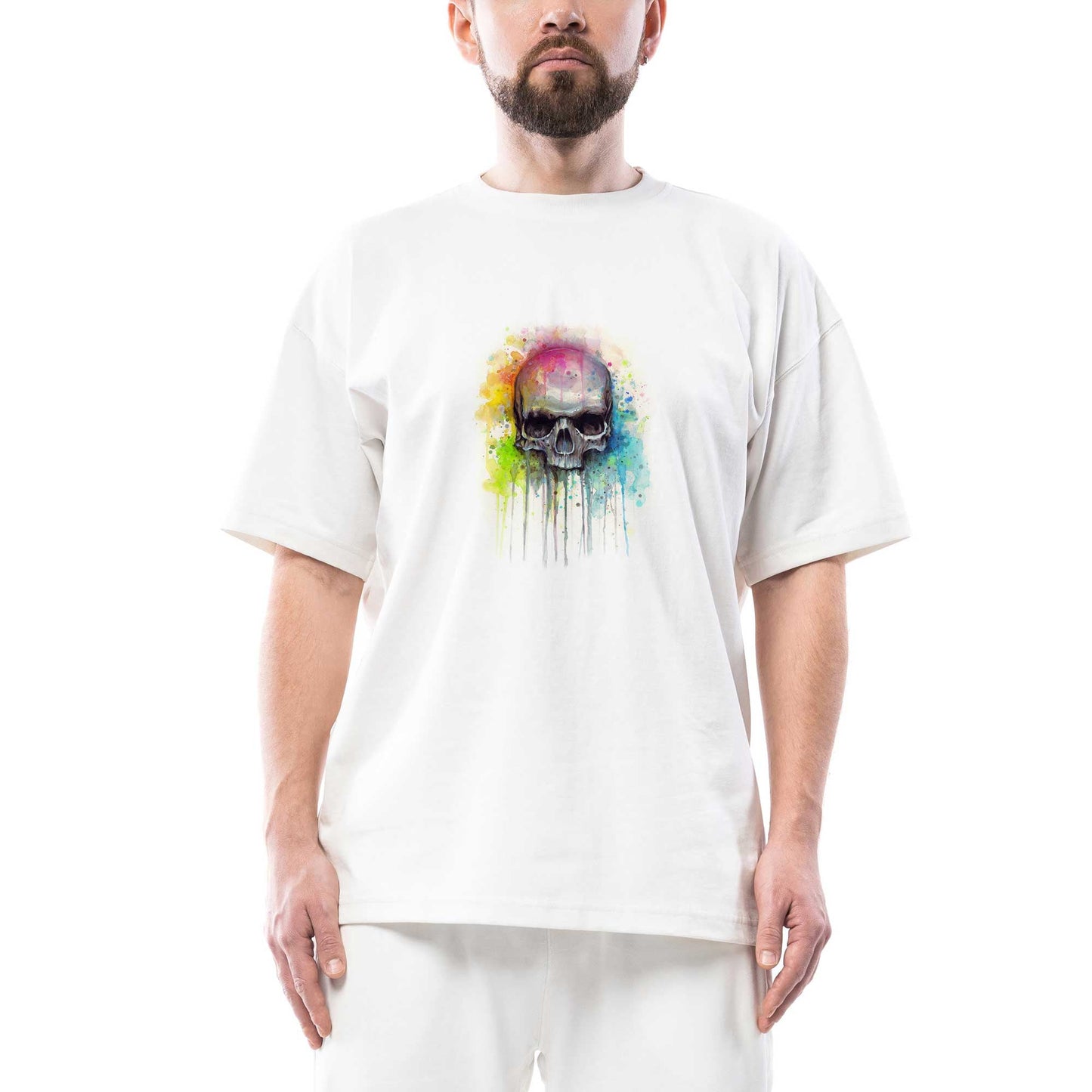 Skull Kuru Kafa Paint Oversize Beyaz Tişört