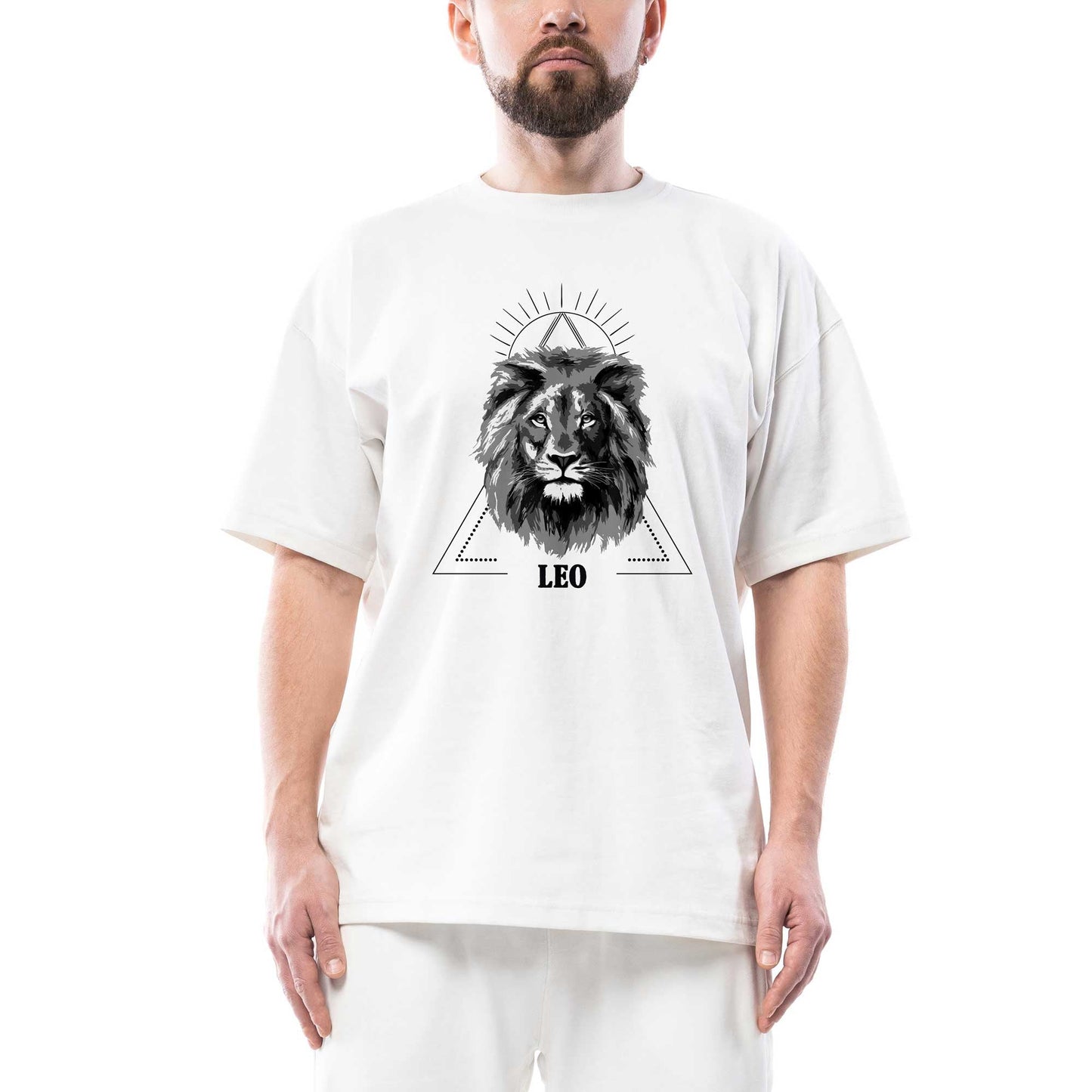 Aslan Burcu Geometrik Oversize Beyaz Tişört