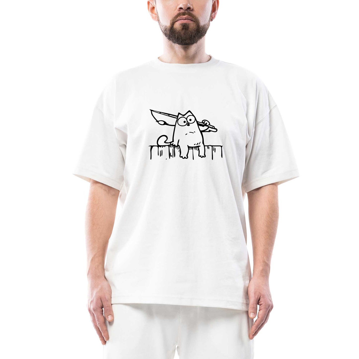 Bıçaklı Kedi Oversize Beyaz Tişört