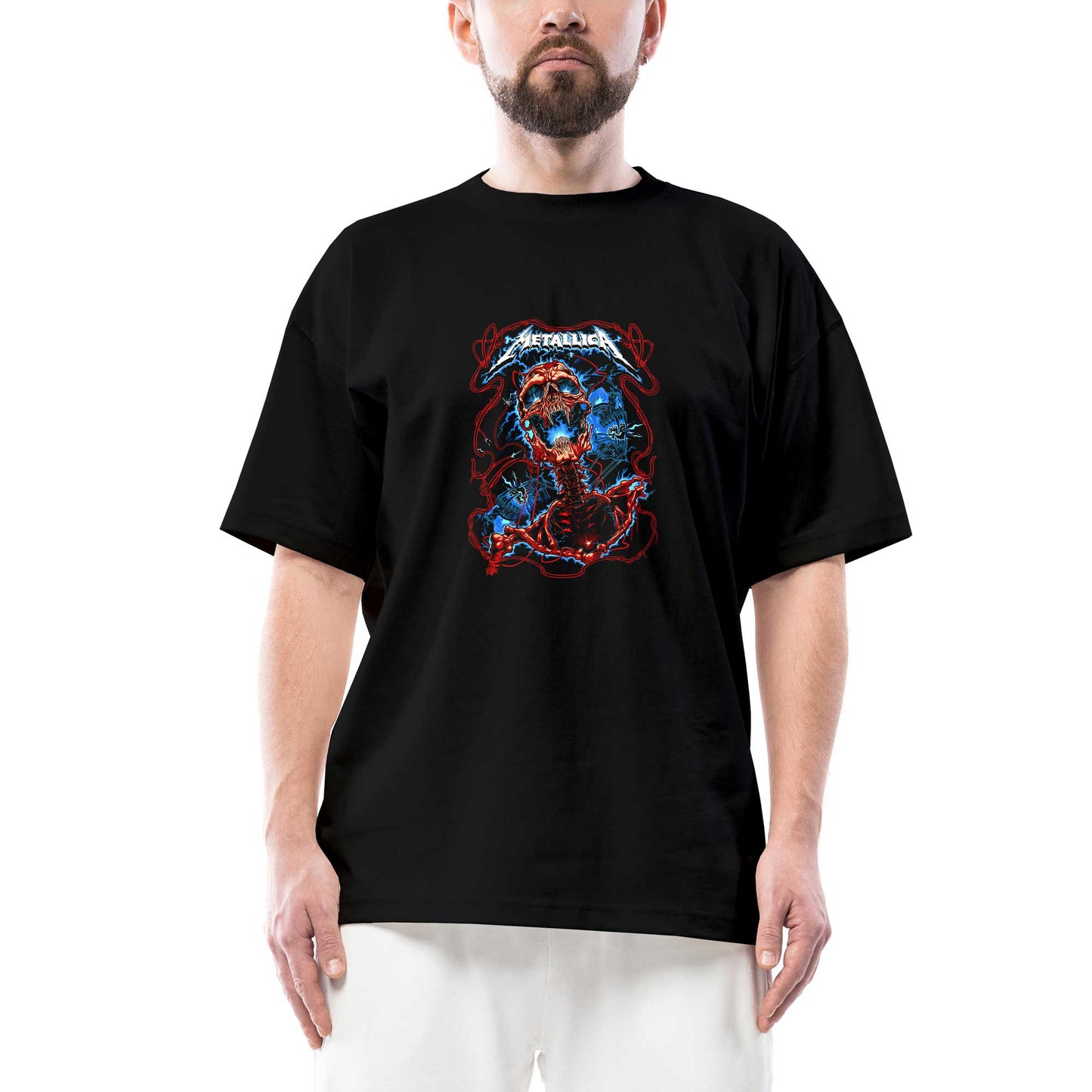 Metallica Lightning Skull Oversize Siyah Tişört