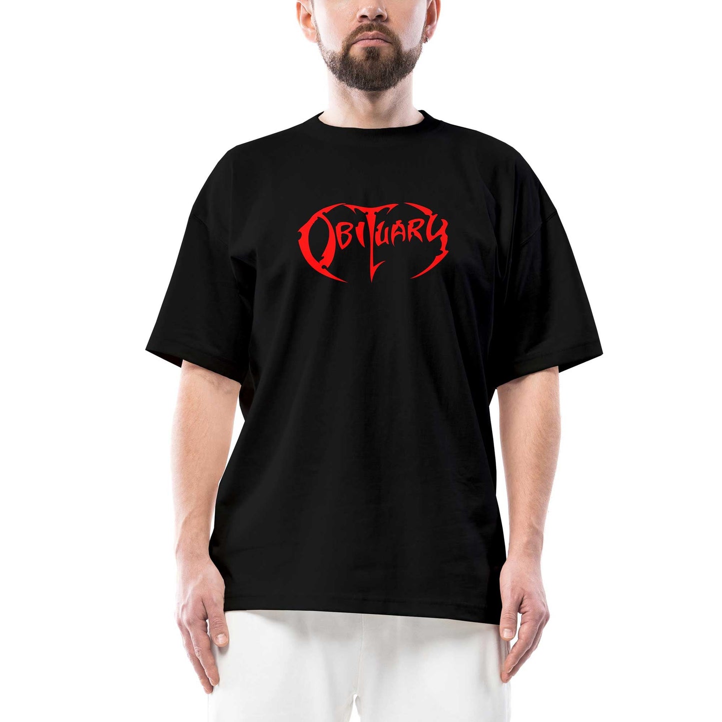 Obituary Logo Red Oversize Siyah Tişört