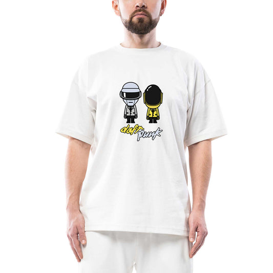 Daft Punk Cartoon Oversize Beyaz Tişört