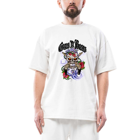 Guns N Roses Skull and Gun Oversize Beyaz Tişört
