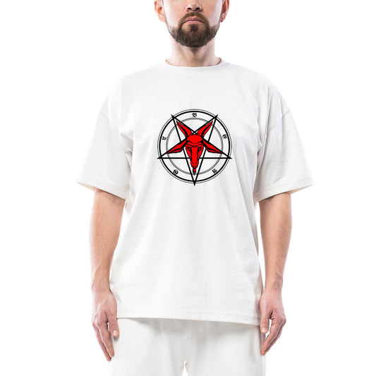 Pentagram Goat Head Oversize Beyaz Tişört