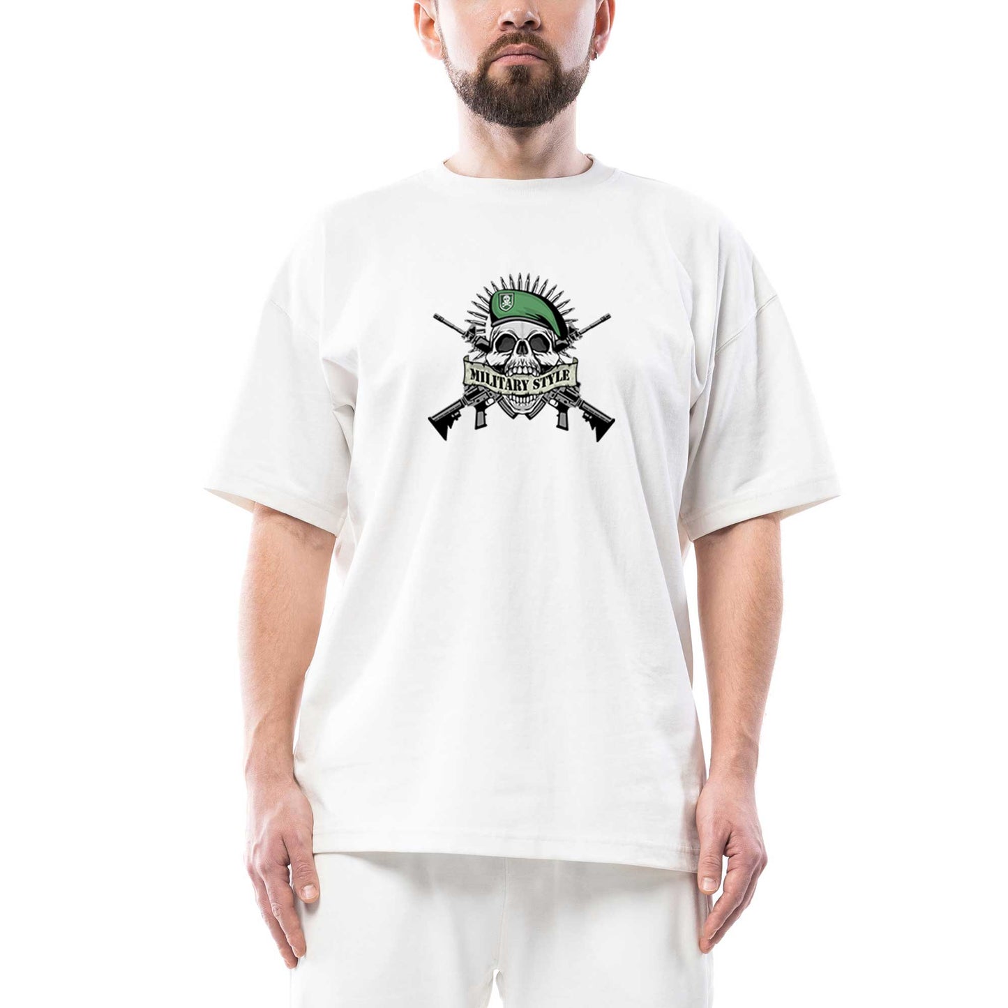 Military Style Skull Logo Oversize Beyaz Tişört