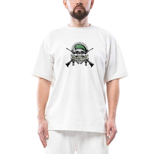 Military Style Skull Logo Oversize Beyaz Tişört