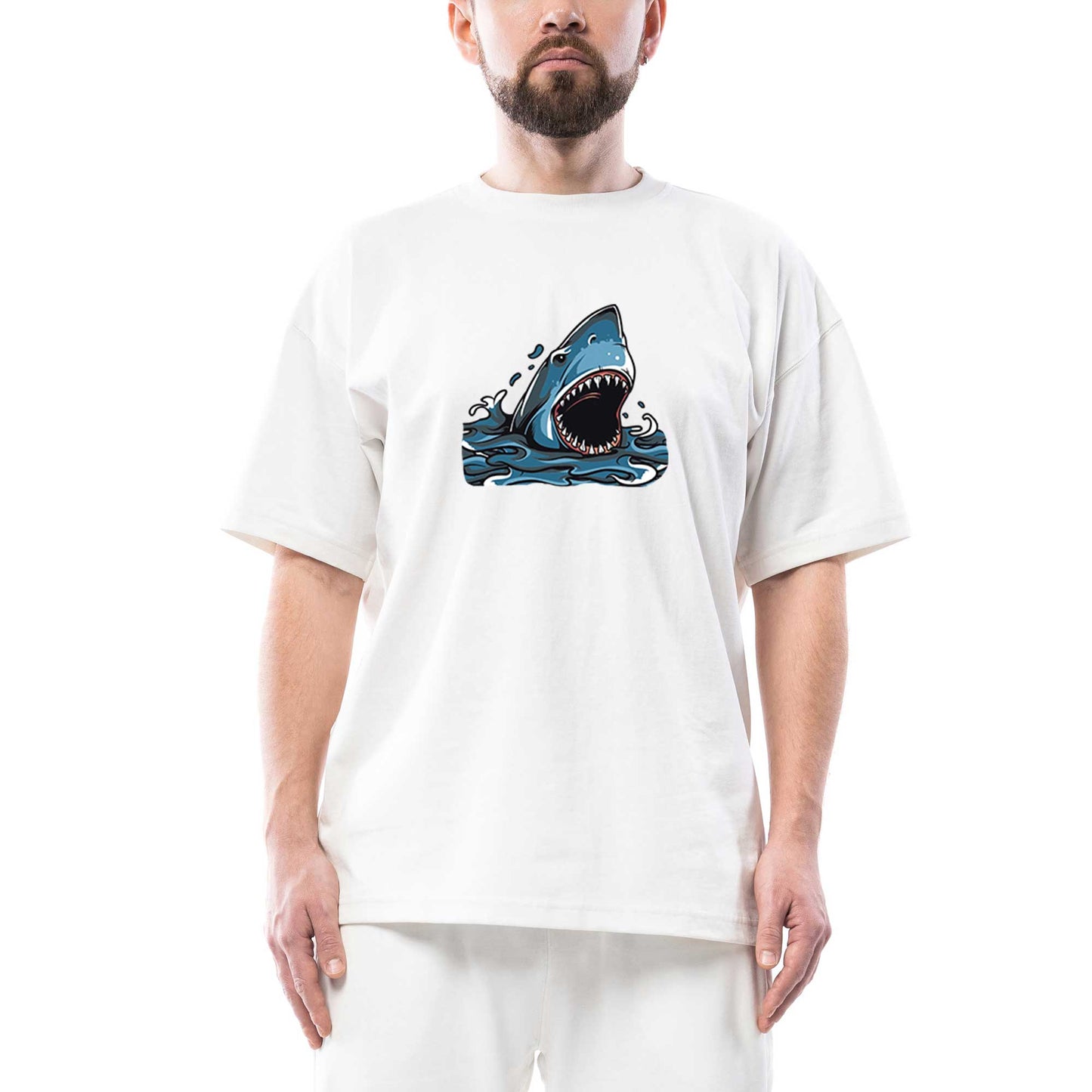 Shark Cartoon Oversize Beyaz Tişört