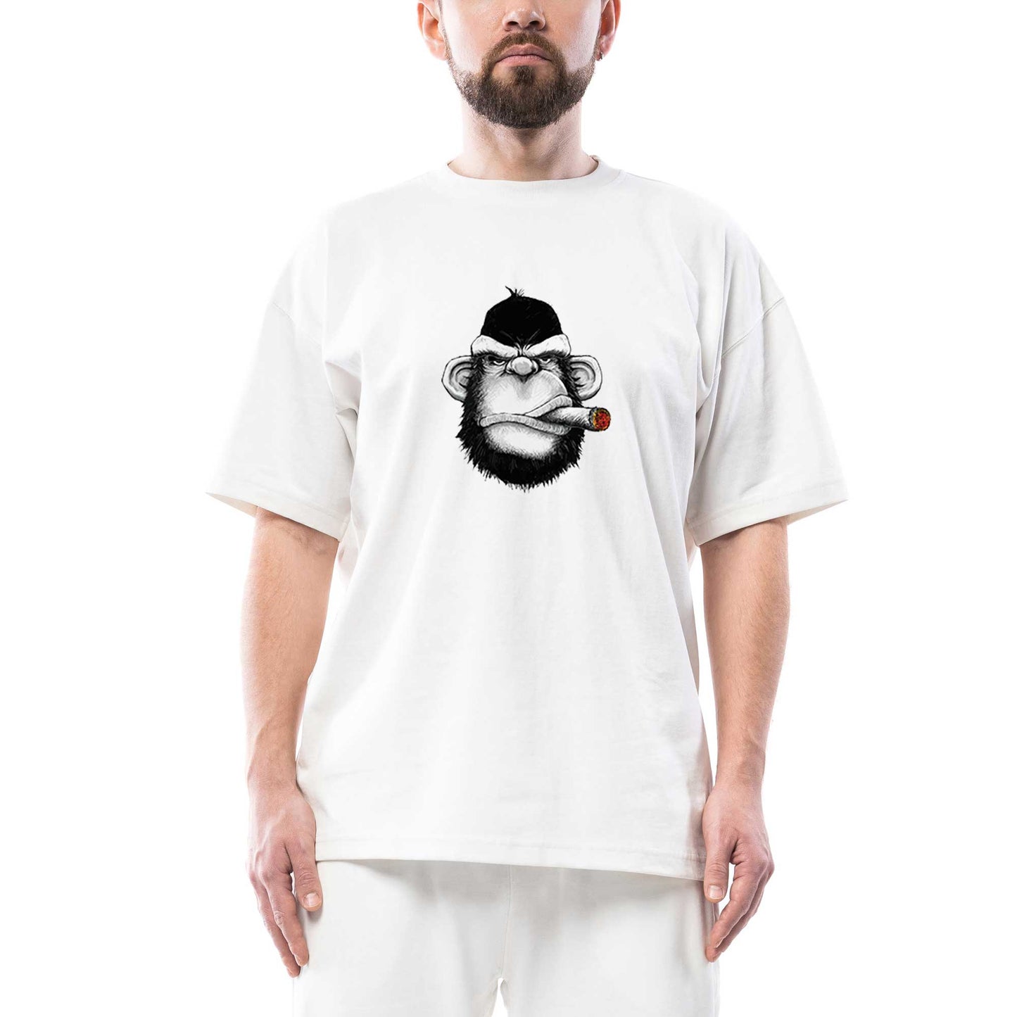 Pro Drinking Monkey Cartoon Oversize Beyaz Tişört