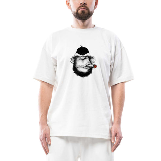 Pro Drinking Monkey Cartoon Oversize Beyaz Tişört