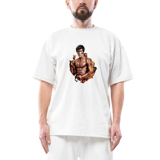 Bruce Lee Kick Dragon Oversize Beyaz Tişört