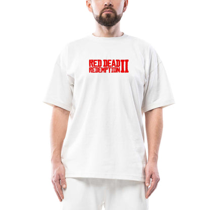 Red Dead Redemption 2 Red Text Oversize Beyaz Tişört