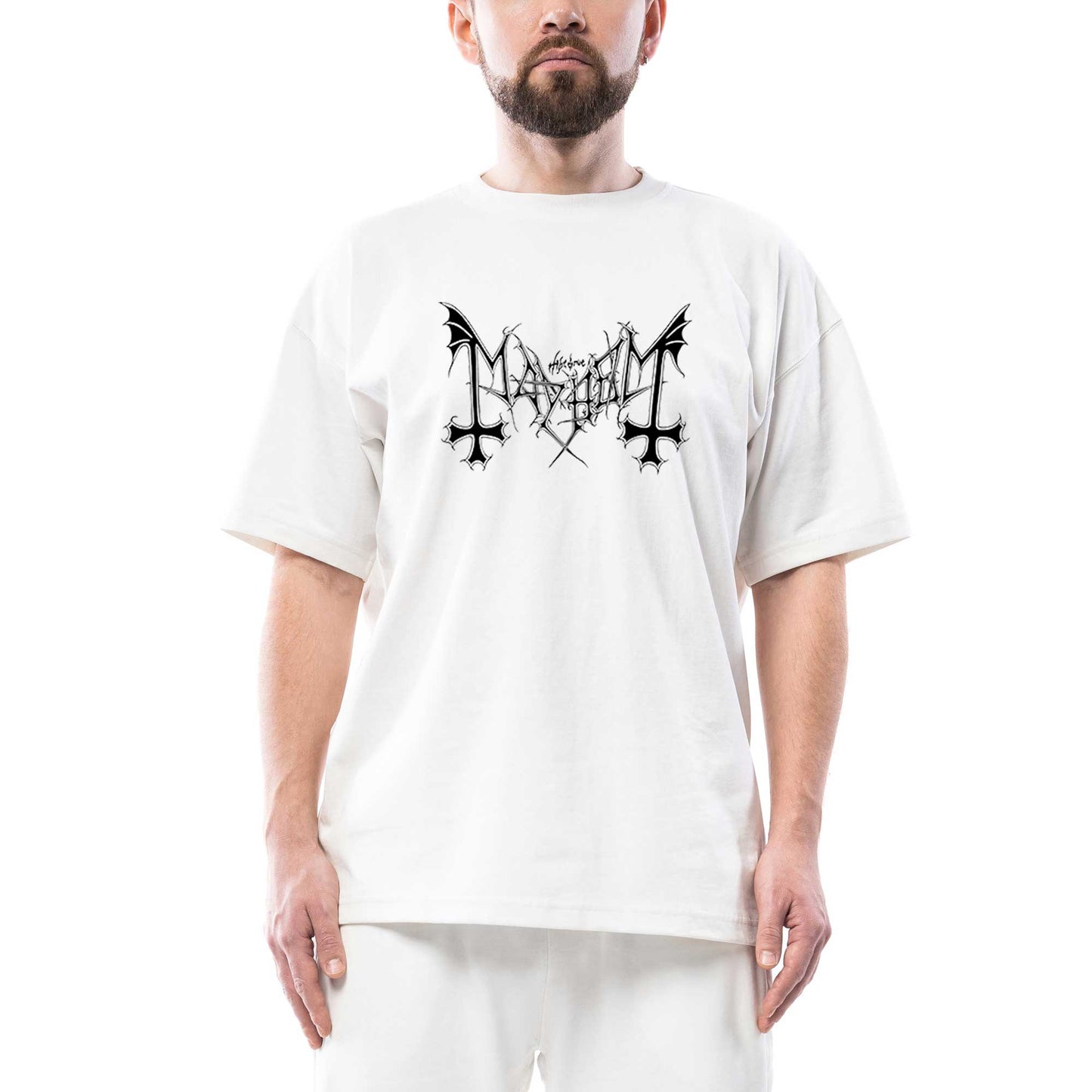 Mayhem Logo Text Oversize Beyaz Tişört