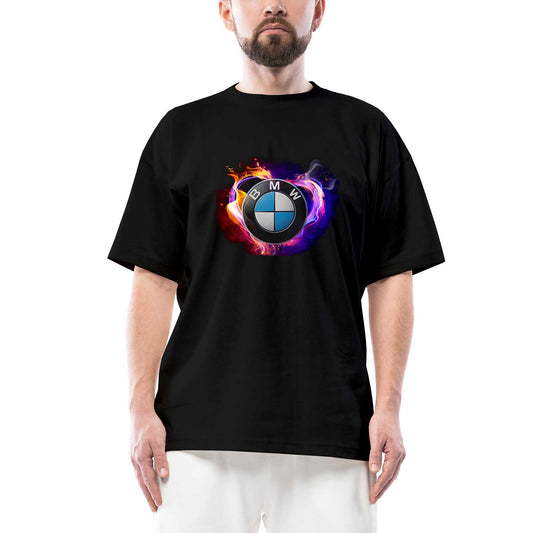 BMW Heart Colorful Logo Oversize Siyah Tişört