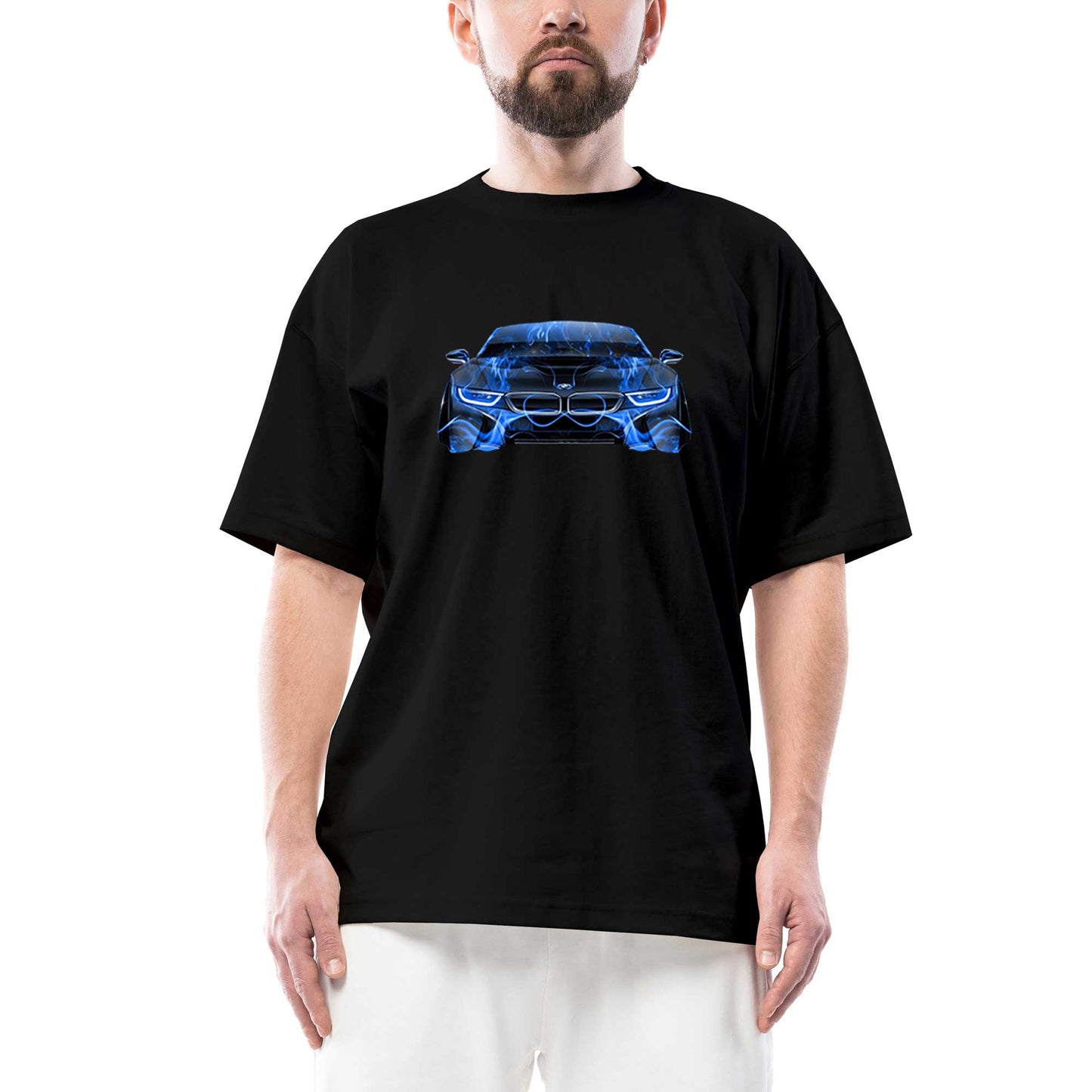 BMW i8 Front Fire Abstract Car Oversize Siyah Tişört